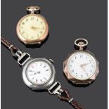 Silver and rose gold plated open faced ladies pocket watches; early 20th c Swiss .935 wristwatch(3)