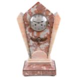 A French Art Deco rouge and pink marble fan shaped mantle clock