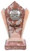 A French Art Deco rouge and pink marble fan shaped mantle clock