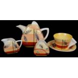 A Clarice Cliff Bizarre Kelverne pattern Trieste shape tea for one; others (5)