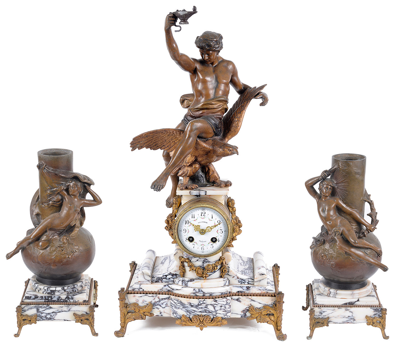 19th c. French three piece black veined white marble and bronzed spelter clock garniture; others (3)