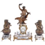 19th c. French three piece black veined white marble and bronzed spelter clock garniture; others (3)