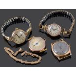 A 1920s Ladies 9ct gold Rolex wristwatch and three other 9ct gold wristwatches (5)