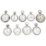 A collection of nine Victorian and later silver open faced pocket watches (9)