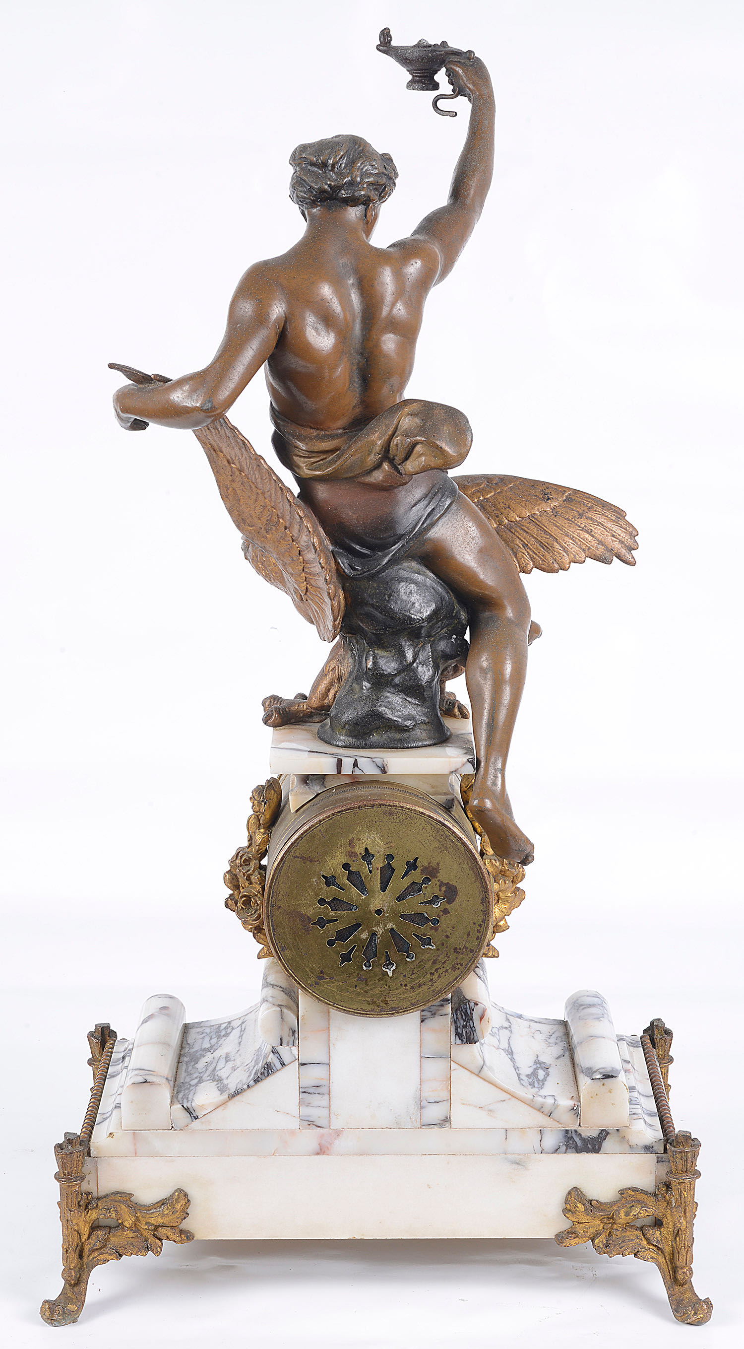 19th c. French three piece black veined white marble and bronzed spelter clock garniture; others (3) - Image 2 of 4