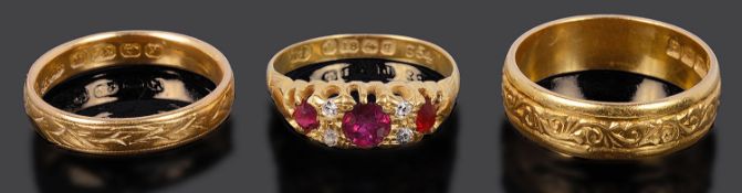 An 18ct gold and diamond set gypsy ring together with two 18ct gold wedding bands (3)