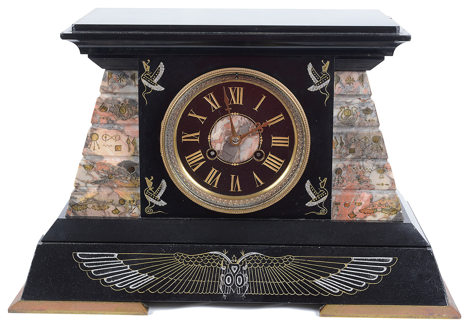 A late 19th Century French Egyptian Revival black slate and rouge mantel clock