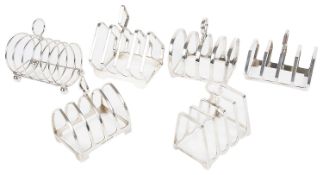 A collection of six mostly mid 20th century silver toast racks (6)