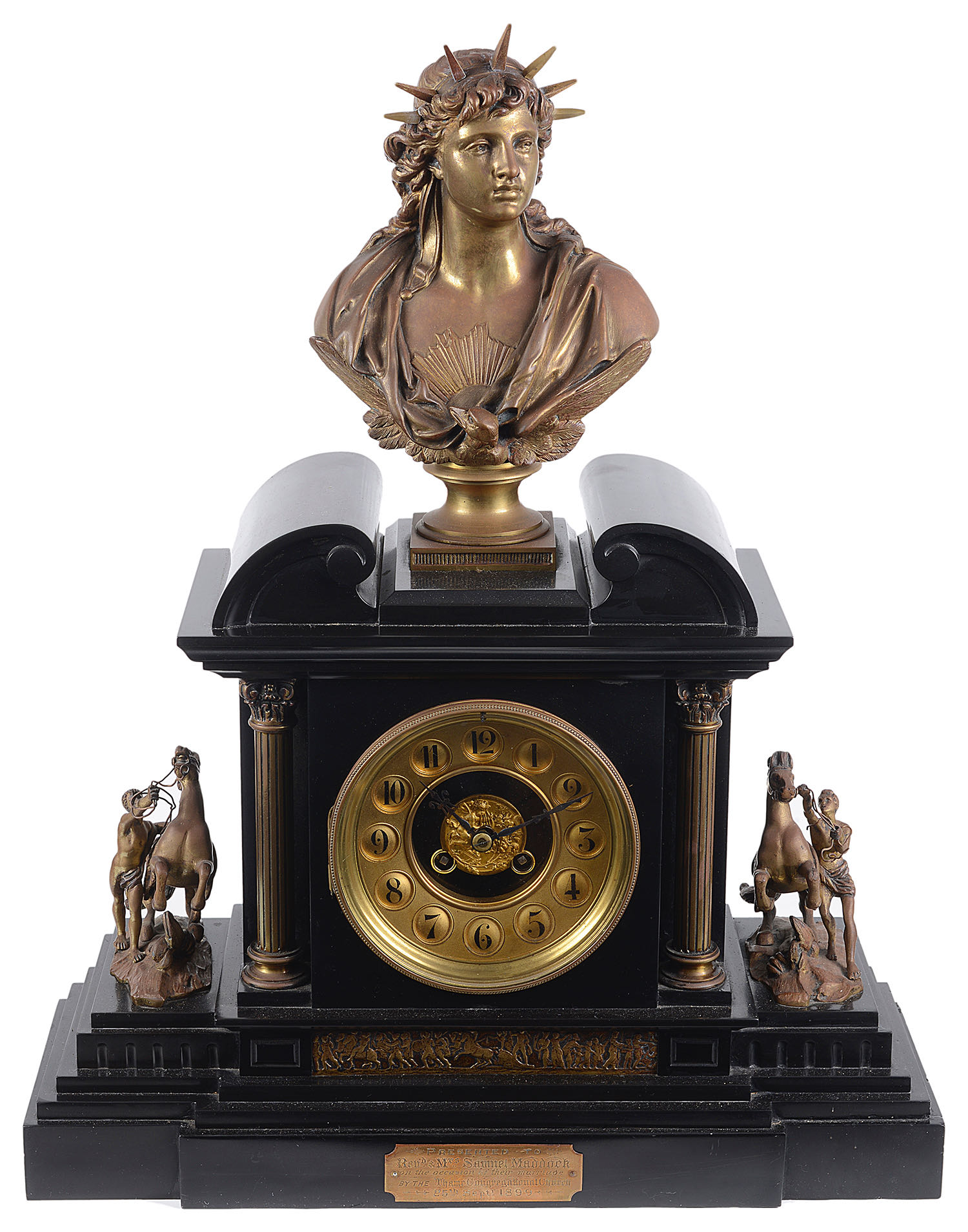 A late 19th century French black slate and gilt metal architectural mantel clock