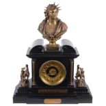 A late 19th century French black slate and gilt metal architectural mantel clock