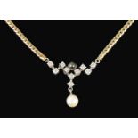 A contemporary Continental cultured pearl and diamond set drop necklace