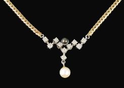 A contemporary Continental cultured pearl and diamond set drop necklace