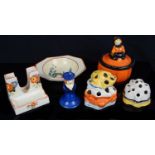 A Clarice Cliff Bizarre United Services figural pepper; others (6)