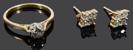 A single stone diamond set ring and a pair of diamond set ear studs (2)