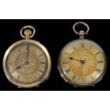 Two late 19th century Swiss 18K gold open faced pocket watches (2)