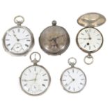 Five Victorian silver cased mostly open faced fusee pocket watches