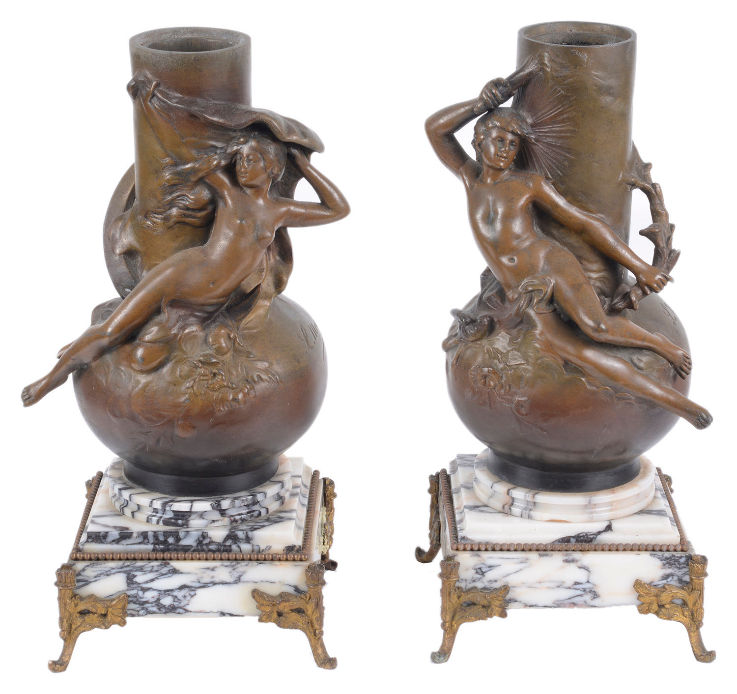 19th c. French three piece black veined white marble and bronzed spelter clock garniture; others (3) - Image 3 of 4