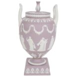 A Wedgwood lilac jasper ware twin handled vase and cover