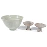 A Jeremy Leach Lowerdown studio pottery porcelain bowl; David Leach Lowerdown candlesticks (3)