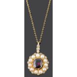 An attractive garnet, rose diamond and half pearl cluster pendant