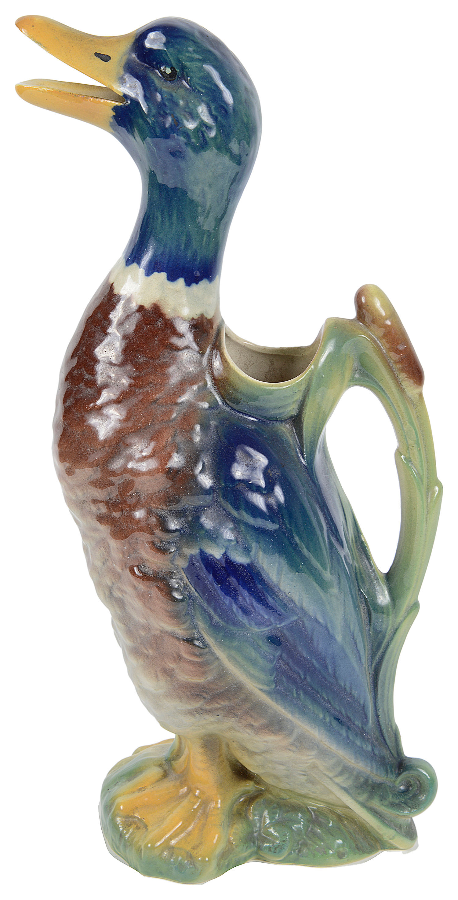 An early 20th century French pottery majolica novelty jug in the form of a duck