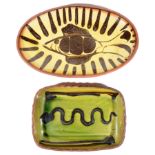 Two Winchombe pottery slip decorated dishes (2)