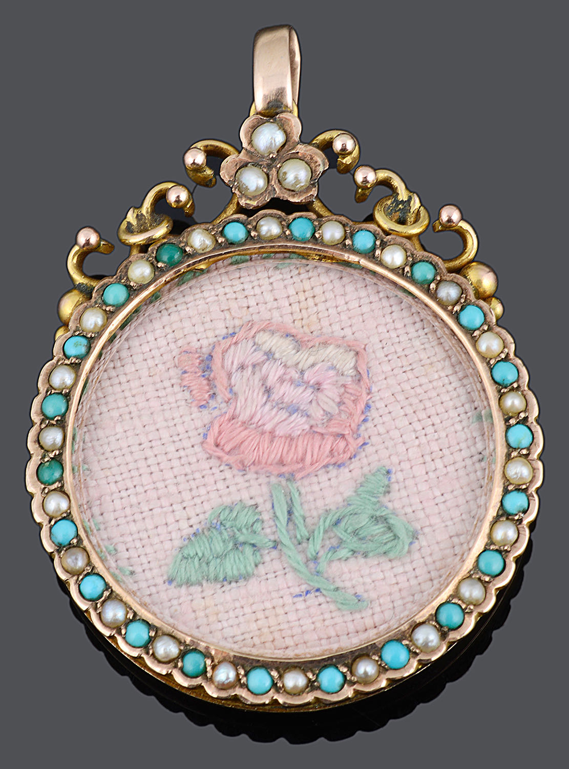 An attractive Victorian seed pearl and turquoise set pendant picture locket