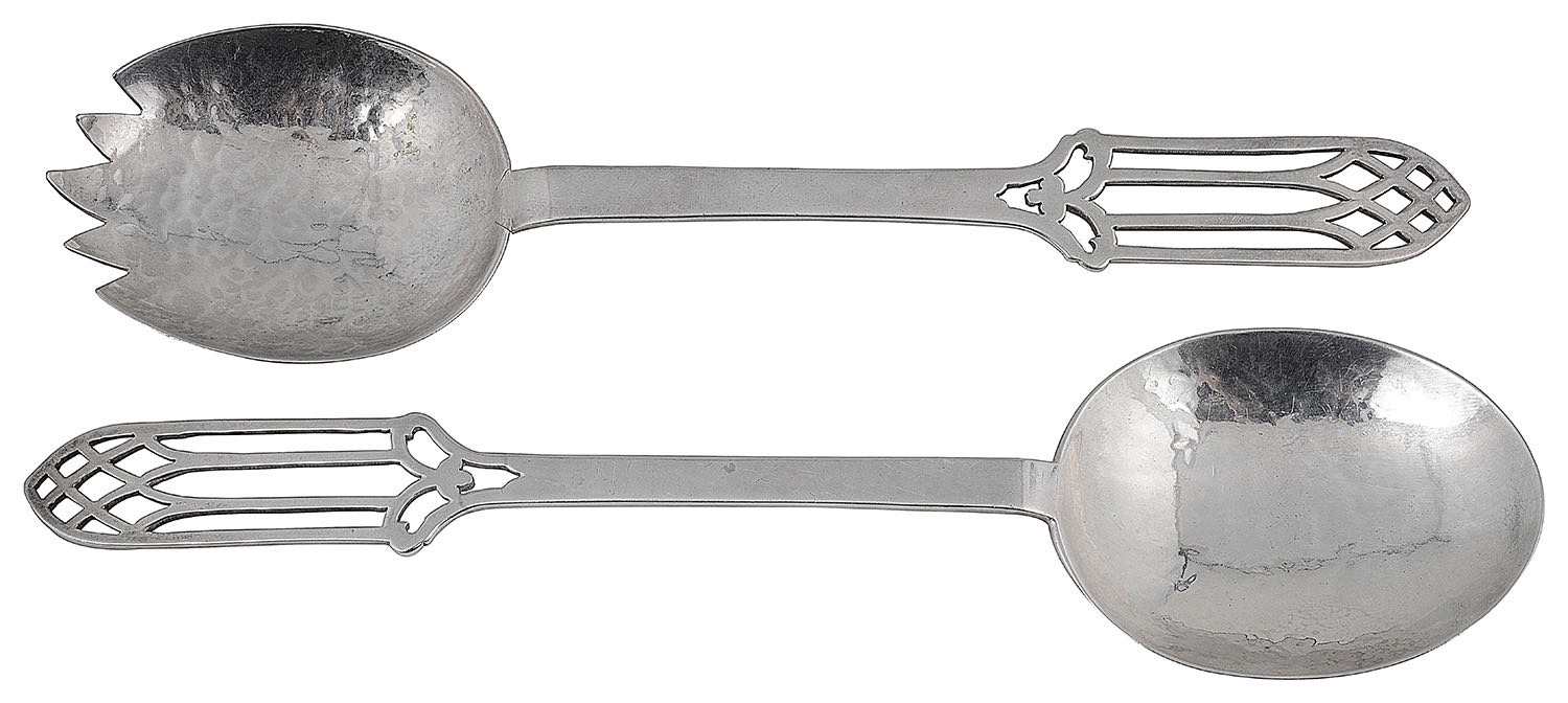A pair of Arts and Crafts silver salad servers