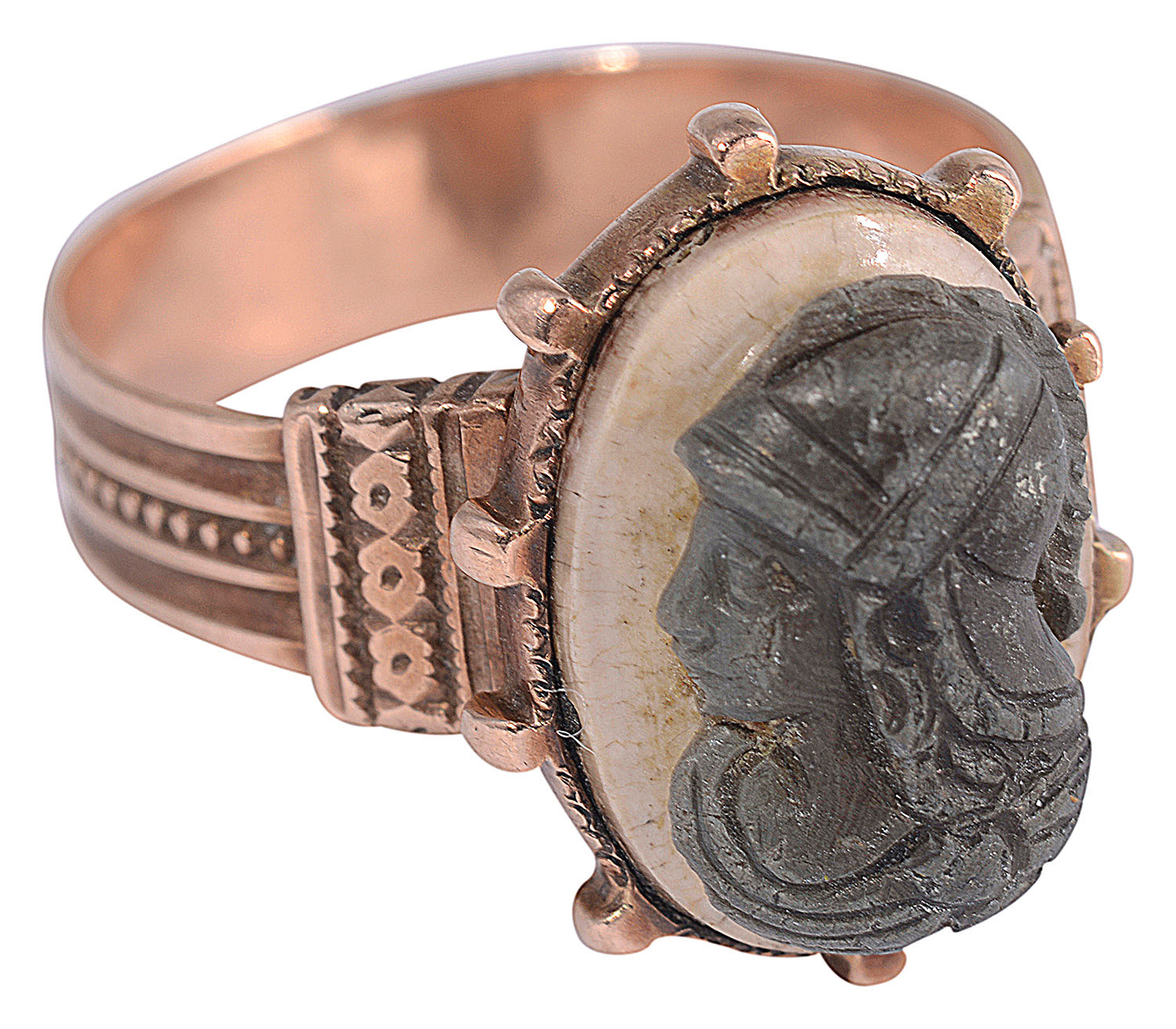 A mid 19th Century Grand Tour Etruscan style cameo ring