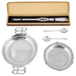 An Edward VIII silver twin handled wine taster; other items