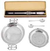 An Edward VIII silver twin handled wine taster; other items