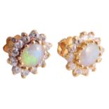 A pair of opal and diamond set cluster earrings