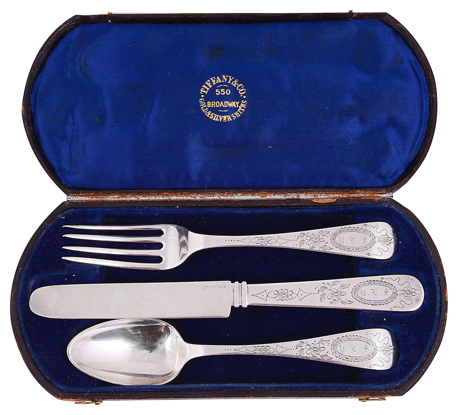 A 19th century American Tiffany & Co. sterling silver knife, fork and spoon christening set