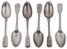 A set of six early Victorian silver fiddle and thread pattern dessert spoons