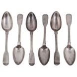 A set of six early Victorian silver fiddle and thread pattern dessert spoons