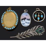 A delicate Edwardian turquoise and enamel 9ct gold pendant and other items