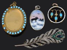 A delicate Edwardian turquoise and enamel 9ct gold pendant and other items