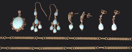 A gold mounted opal pendant on chain together with three pairs of opal earrings