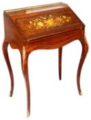 A late 19th century Fr. Louis XV style rosewood and marquetry inlaid bureau de dame
