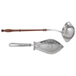 A George III silver fish slice and a modern silver toddy ladle