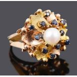 A Continental sapphire and cultured pearl floral cluster dress ring