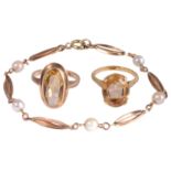 A pearl and 9ct gold delicate bracelet with two citrine rings