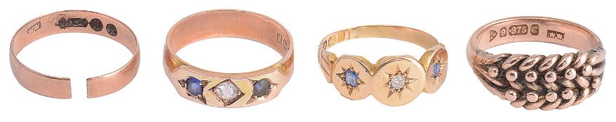 Two Victorian sapphire and diamond set gypsy rings and two other rings