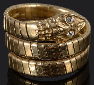 A contemporary Continental 18ct gold coiled snake ring