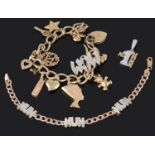 A 9ct gold charm bracelet, an identity bracelet and single charm