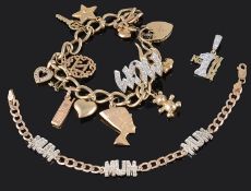 A 9ct gold charm bracelet, an identity bracelet and single charm