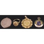 A Continental 18ct gold pendant, a 9ct gold medal and a 9ct locket and a 9ct gold ring