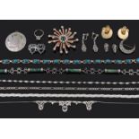 Collection of silver jewellery including a Mexican hardstone and silver scroll necklace signed, A.F.