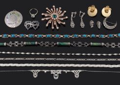 Collection of silver jewellery including a Mexican hardstone and silver scroll necklace signed, A.F.