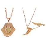 A Continental gold scimitar pendant on chain and another